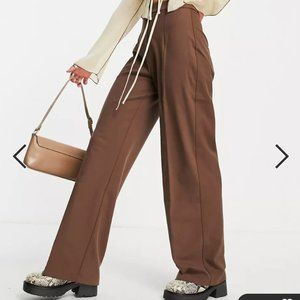 Bershka Petite wide leg slouchy dad tailored pants in brown